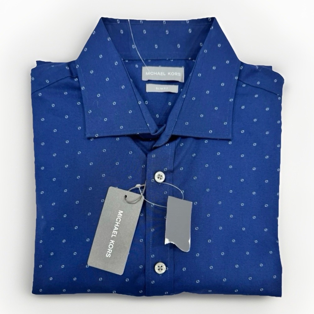 Michael Kors Shirt Men's Large Slim Fit 16-34/35 Button Up Midnight Dot Print